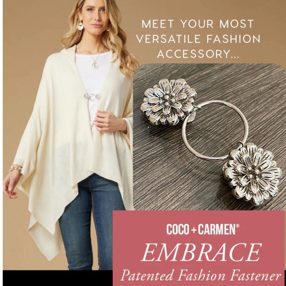 Coco & Carmen Embrace Fashion Fastener - Raised Flower Sweater Clip Silver-tone